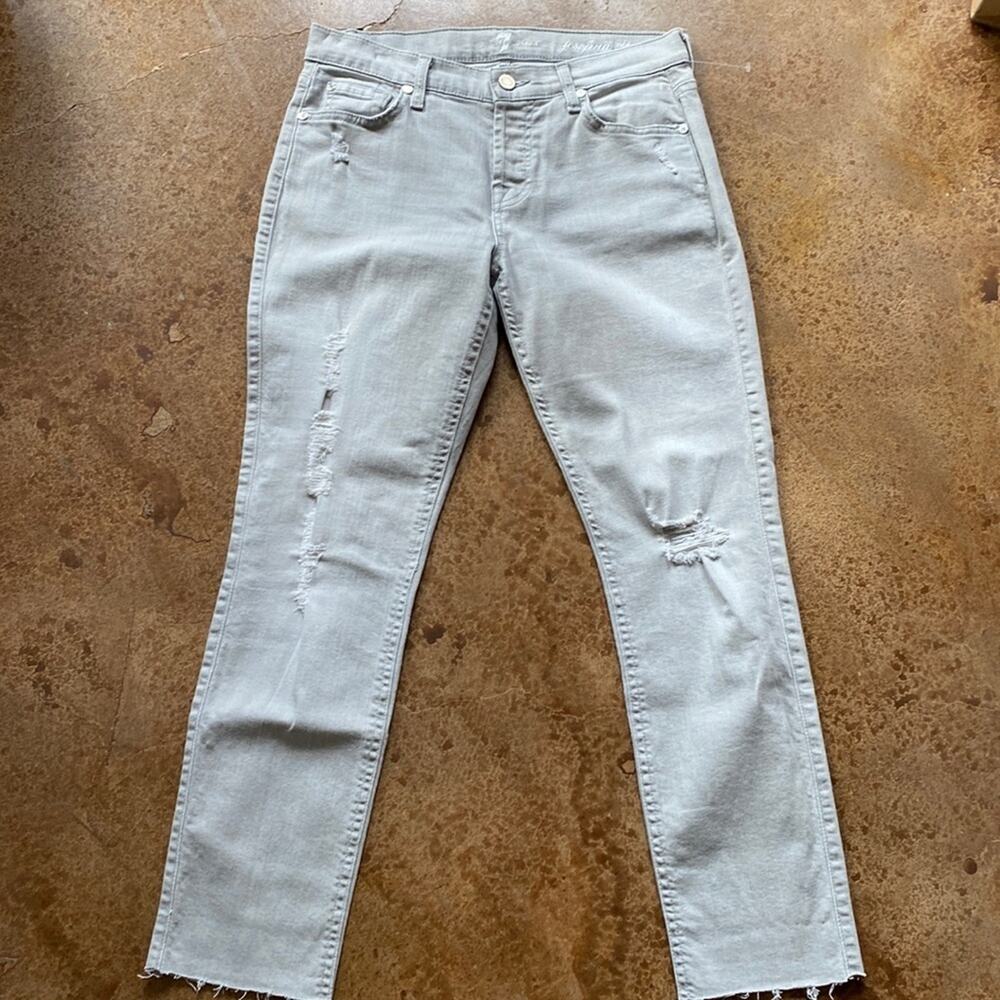7 for all Mankind light grey distressed Josefina‎ skinny boyfriend cropped jeans